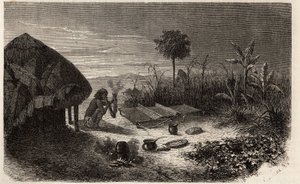 ज़ाम्बेज़ नदी के तट पर एक बुनकर और उसका बुनकर। एडौर्ड चार्टन के निर्देशन में प्रकाशित "ले टूर डू मोंडे, नोव्यू जर्नल डेस वॉयेजेस" में 1840 से 1856 तक डॉ. लिविंगस्टोन की दक्षिणी अफ्रीका की पहली यात्राओं को चित्रित करने के लिए उत्कीर्णन द्वारा अज्ञात कलाकार