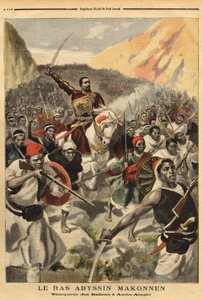 एबिसिनियन रास रास माकोनेन (मेकोनन वेल्डे मिकेल) (अब्बा कगन्यू) (1852-1906), सम्राट मेनेलिक II (1844-1913) का सरदार और दाहिना हाथ, अपने सैनिकों के साथ, इतालवी सेना के अंबा अलाघी के विजेता, मेजर टोसेली की कमान में . "" ले पेटिट जर्नल में उत्कीर्णन द्वारा अज्ञात कलाकार