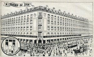 1898 में ""डिपार्टमेंटल स्टोर्स डे ल'एवेनिर डे ल्यों"" के लिए विज्ञापन। द्वारा अज्ञात कलाकार