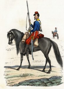 घोड़े की पीठ पर अफ्रीकी शिकारी, 1831 में गठित रेजिमेंट और 1832 में अल्जीरिया में मौजूद। "स्टोरिया डी'एल्गेरी" में, लियोन गैलिबर्ट, खंड 2 द्वारा अज्ञात कलाकार