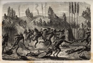 महान आत्मा को आत्म-दान के समारोह के बाद, युवा योद्धा एक उन्मत्त और बहिर्वाह नृत्य को गले लगाते हैं, सबसे कमजोर लोग मंडन भारतीयों (या नौमा का की: तीतर) के बीच, मिसौरी के बाएं किनारे पर जमीन पर पीछे चल रहे हैं। चित्रण करने के लिए उत्कीर्णन द्वारा अज्ञात कलाकार
