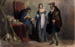 एग्नेस सोरेल (1422-1450) (बेउते सुर मार्ने की महिला) (ब्यूते-सुर-मार्ने), जिसे "ला बेले एग्नेस" के नाम से जाना जाता है, चार्ल्स VII के पसंदीदा ज्योतिषी से परामर्श करना। 19वीं सदी की नक्काशी। ब्रेरा की लाइब्रेरी। मिलन। द्वारा अज्ञात कलाकार