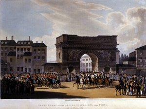 मित्र राष्ट्रों ने 31 मार्च 1814 को पेरिस में प्रवेश किया (रूस अलेक्जेंडर I, ऑस्ट्रियाई सम्राट फ्रेंकोइस I और प्रशिया के राजा फ्रेडरिक विलियम III।) 1826 की उत्कीर्णन द्वारा अज्ञात कलाकार