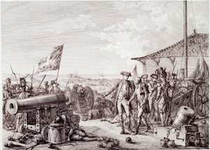 अमेरिकी क्रांतिकारी युद्ध: 6 जुलाई 1779 को ब्रिटिश रॉयल नेवी और फ्रांसीसी नौसेना के बीच ग्रेनेडा की लड़ाई (उत्कीर्णन) द्वारा अज्ञात कलाकार