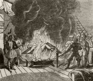 'अंगोरा, द इंडियन पाइरेट, रोस्टिंग द इंग्लिश कैप्टन जिंदा', c.1836 द्वारा अज्ञात कलाकार