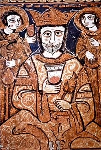 सिसिली के रोजर II (1095-1154) का अरबोनॉरमैंड शैली का चित्र उच्च गणमान्य व्यक्तियों को घेरता है। 12वीं शताब्दी से लकड़ी पर चित्रकारी। पलेर्मो, कैपेला पलटिना डेल पलाज़ो रीले (रॉयल पैलेस का पैलेटिन चैपल) सिसिली, इटली द्वारा अज्ञात कलाकार