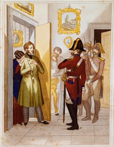 इतालवी सैनिकों द्वारा देशभक्त फ़ेडेरिको कॉन्फ़ालोनेरी (1785-1846) की गिरफ्तारी। 19वीं सदी के म्यूजियो डेल रिसोर्गिमेंटो, रोम की नक्काशी द्वारा अज्ञात कलाकार