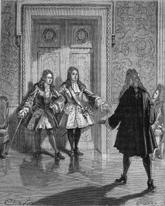 अगस्त 1718: सेंट साइमन (सेंट-साइमन) (लुई डी राउरॉय, ड्यूक ऑफ) (1675-1755) ने ड्यूक ऑफ मेन (लुई अगस्टे (लुई-अगस्टे) ऑफ बॉर्बन) (1670-1736) के मार्ग को अवरुद्ध कर दिया। 19वीं सदी की नक्काशी। जूल्स मिशेले द्वारा "फ्रांस का इतिहास" में द्वारा अज्ञात कलाकार