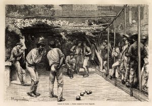 रोम (इटली) में बॉल प्लेयर। 1864-1868 में फ्रांसिस वे द्वारा रोम की यात्रा को चित्रित करने के लिए उत्कीर्णन, एडौर्ड चार्टन के निर्देशन में "ले टूर डू मोंडे, नोव्यू जर्नल डेस वॉयेज" में प्रकाशित हुआ। द्वारा अज्ञात कलाकार