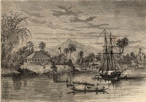 बंगला, सर जेम्स ब्रुक का घर, जिसे सरवाक के राजा (1803-1868) के रूप में जाना जाता है, ब्रिटिश साहसी सरवाक (बोर्नियो) के आसपास के क्षेत्र में सरवाक का पहला सफेद राजा था। 1857 से "ले मोंडे शानदार" में उत्कीर्णन। निजी संग्रह। द्वारा अज्ञात कलाकार