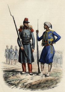 विदेशी सेना की बटालियन, 1831 में गठित और अल्जीरिया भेजी गई; स्वदेशी Tirailleurs की बटालियन, 1841 में गठित और अल्जीरिया भेजी गई, लियोन गैलिबर्ट द्वारा "" L'Algerie ancienne et Moderne" में द्वारा अज्ञात कलाकार
