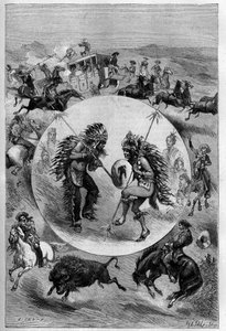 पेरिस में बफ़ेलो बिल का शो: विलियम फ्रेडरिक कोडी की मंडली (1846-1917) द्वारा प्रस्तुत अभ्यास, जिसे बफ़ेलो बिल (एक परिश्रम का हमला, सिओक्स नृत्य, भैंस का शिकार) के रूप में जाना जाता है। "" ला नेचर में उत्कीर्णन। रिव्यू डेस साइंसेज एट डी सेस एप्लीक द्वारा अज्ञात कलाकार