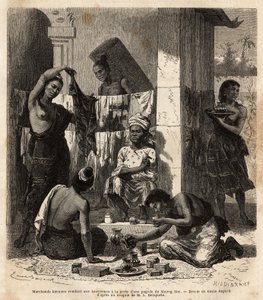 मुओंग माई में एक शिवालय के दरवाजे पर लाओटियन महिलाओं को कपड़े और इत्र बेचते बर्मी व्यापारी। 1866-1868 में फ्रांसिस गार्नियर, लेफ्टिनेंट डी वैससेउ द्वारा इंडोचाइना में अन्वेषण की यात्रा को चित्रित करने के लिए उत्कीर्णन, "ले टूर डू मोंड" में प्रकाश द्वारा अज्ञात कलाकार