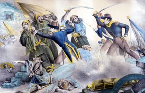 1837 में मार्शल वेली द्वारा अल्जीरिया में कॉन्सटेंटाइन पर कब्जा। 19वीं सदी का रंगीन लिथोग्राफ। द्वारा अज्ञात कलाकार