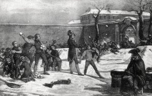 1782 में ब्रिएन ले चेटो (डॉन) के सैन्य स्कूल में नेपोलियन I बोनापार्ट (1769 - 1821) का बचपन: बच्चों के बीच एक स्नोबॉल लड़ाई के बीच नेपोलियन। द्वारा अज्ञात कलाकार