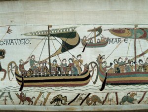 1066 में विलियम द कॉन्क्वेरेंट (1027-1087) द्वारा इंग्लैंड की विजय: नॉर्मन बेड़े इंग्लैंड की ओर बढ़ रहे हैं बेय्यूक्स टेपेस्ट्री या क्वीन मैथिल्डे की कढ़ाई का विवरण द्वारा अज्ञात कलाकार