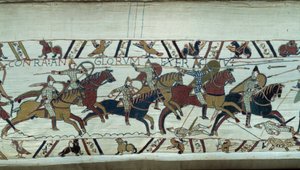1066 में ड्यूक ऑफ नॉर्मंडी विलियम द कॉन्क्वेरेंट (1027-1087) द्वारा इंग्लैंड की विजय: हेस्टिंग्स की लड़ाई में नॉर्मन घुड़सवार सेना का आरोप बेयॉक्स के टेपेस्ट्री या क्वीन मैथिल्डे की कढ़ाई का विवरण द्वारा अज्ञात कलाकार
