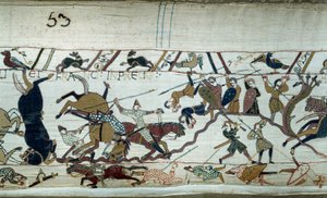 1066 में ड्यूक ऑफ नॉर्मंडी विलियम द कॉन्क्वेरेंट (1027-1087) द्वारा इंग्लैंड की विजय: बेयॉक्स टेपेस्ट्री या क्वीन मैथिल्डे की कढ़ाई की हेस्टिंग्स की लड़ाई का विवरण द्वारा अज्ञात कलाकार