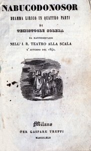 ग्यूसेप वर्डी (1813 - 1901) द्वारा नाबुको के पहले लिब्रेटो का कवर, जिसे पहले नाबुकोडोनोसर नाम दिया गया था द्वारा अज्ञात कलाकार