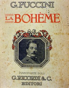 पुक्किनी (1858-1924) द्वारा अपने चित्र के साथ स्कोर "ला बोहेम" का कवर। द्वारा अज्ञात कलाकार