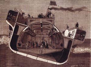 हेनरी बेसेमर (1813-1898) द्वारा समुद्र की बीमारी के खिलाफ डिजाइन की गई नाव का क्रॉस सेक्शन। 19वीं सदी की नक्काशी। द्वारा अज्ञात कलाकार