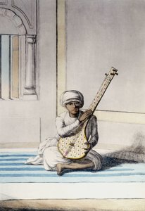 संस्कृति, सभ्यता और भारतीय समाज: थंबोरा (तंबौरा) बजाते संगीतकार, भारत का पारंपरिक वाद्य यंत्र उत्कीर्णन 1808। द्वारा अज्ञात कलाकार