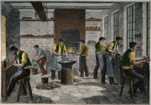 19वीं सदी में फ्रांस में कटलरी कार्यशाला। एडोल्फ बिटार्ड द्वारा 1885 से "लेस आर्ट्स एट मेटियर्स इलस्ट्रेट्स" में उत्कीर्णन। द्वारा अज्ञात कलाकार