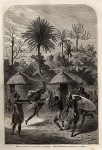 शूपंगा (ज़ाम्बेज़ नदी के दाहिने किनारे) में लैंडिन्स या ज़ुलु कैफ़र्स का नृत्य। 1840 से 1856 तक दक्षिणी अफ्रीका के लिए डॉ. लिविंगस्टोन की पहली यात्राओं को चित्रित करने के लिए, "ले टूर डू मोंडे, नोव्यू जर्नल डेस वॉयेजेस" में सख्त के तहत प्रकाशित क द्वारा अज्ञात कलाकार