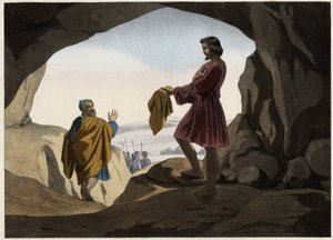 दाऊद ने शाऊल को अपने वस्त्र का टुकड़ा दिखाया: दाऊद ने राजा शाऊल को मारने से इंकार कर दिया, जिसे भगवान ने गुफा में छोड़ दिया था, और उसके केवल एक टुकड़े को काट दिया। 19वीं सदी के मध्य से अनाम उत्कीर्णन। द्वारा अज्ञात कलाकार