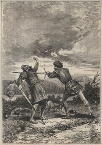 ओक टोरक्विल का द्वंद्व और मृत्यु - वाल्टर स्कॉट (1771-1832) द्वारा ऐतिहासिक उपन्यास "द प्रिटी गर्ल ऑफ पर्थ या वेलेंटाइन डे (सेंट वेलेंटाइन डे; या, द फेयर मेड ऑफ पर्थ) के लिए 19 वीं शताब्दी का चित्रण। द्वारा अज्ञात कलाकार