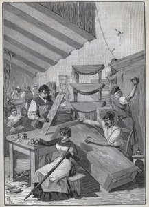 एबेनिस्टरी: स्टैम्प वार्निशिंग वर्कशॉप। एडोल्फ बिटार्ड द्वारा 1885 से "लेस आर्ट्स एट मेटियर्स इलस्ट्रेस" में उत्कीर्णन। द्वारा अज्ञात कलाकार
