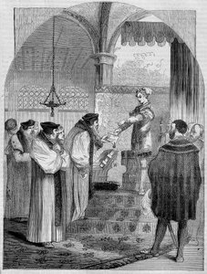 एडवर्ड VI (1547 -1553), इंग्लैंड के राजा, आर्कबिशप क्रैनमर के लिए जोन बोचर का प्रमाण पत्र प्रस्तुत करते हुए द्वारा अज्ञात कलाकार
