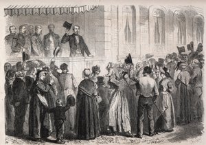 सम्राट नेपोलियन III (1808-1873) स्ट्रॉस ए विची के विला की छत पर, रविवार 7 जुलाई 1861 को ग्रामीण इलाकों के लोगों द्वारा बधाई दी गई - "द इलस्ट्रस वर्ल्ड" में उत्कीर्णन द्वारा अज्ञात कलाकार