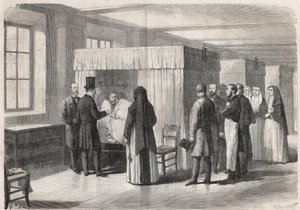 सम्राट नेपोलियन III (1808-1873) हैजा के रोगियों के लिए होटल डीयू (होटल-डीयू) के कमरों का दौरा करते हैं और उनके साथ बातचीत करते हैं - "द इलस्ट्रस वर्ल्ड" में उत्कीर्णन। द्वारा अज्ञात कलाकार