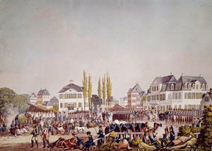 सम्राट नेपोलियन I (1769-1821) फ्रैंकफर्ट में सैनिकों की समीक्षा करता है। 1813 से उत्कीर्णन। फ्रैंकफर्ट, ऐतिहासिक संग्रहालय द्वारा अज्ञात कलाकार