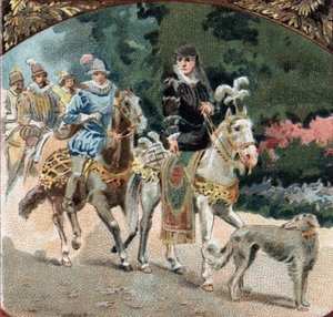 चार्ल्स IX (1550-1574) और कैथरीन डी मेडिसिस (कैटरिना डे मेडिसी) (1519-1589) का चेनोनको के महल में प्रवेश। 19वीं सदी के अंत की क्रोमोलिथोग्राफी द्वारा अज्ञात कलाकार