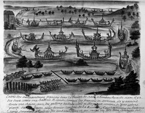 सियाम नदी में फ्रांसीसी राजदूतों का प्रवेश - "" सियाम के राज्य की यात्राएं, 1688 का इतिहास ""। द्वारा अज्ञात कलाकार