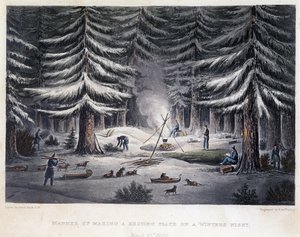 एक सर्दियों की रात के दौरान एक शिविर की स्थापना - "" में 1819-1821 के वर्षों में ध्रुवीय समुद्र के तटों की यात्रा का वर्णन", जॉन फ्रैंकलिन द्वारा, एड। लंडन द्वारा अज्ञात कलाकार