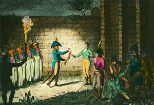 21 मार्च 1804 को विन्सेनेस में लुइस डी बोरबॉन, ड्यूक ऑफ एनघियन (1772-1804) का निष्पादन, प्रथम कौंसल नेपोलियन बोनापार्ट के खिलाफ साजिश के सबूत के बिना संदिग्ध। १८०४ के आसपास उत्कीर्णन। निजी संग्रह द्वारा अज्ञात कलाकार