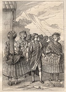 दुनिया भर में अभियान (1785-1788) जीन फ्रेंकोइस गैलाउप डी ला पेरोस (1741-1788) द्वारा: कॉन्सेप्सियन (चिली) के निवासियों की वेशभूषा - "18 वीं शताब्दी के महान नाविक" से लिया गया चित्रण। द्वारा अज्ञात कलाकार