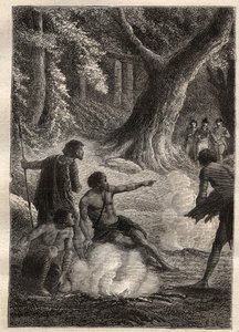1791 में जीन फ्रेंकोइस गैलाउप डी ला पेरोस (1741-1788) की तलाश में एंटोनी ब्रूनी (ब्रूनी) डी'एंट्रेकास्टो (1737-1793) द्वारा अभियान: एंट्रेकास्टो (तस्मानिया) के डेट्रॉइट के पास जंगल में आग को बनाए रखने के लिए चार प्राकृतिक लोगों ने कब्जा कर लिया , ऑस्ट् द्वारा अज्ञात कलाकार