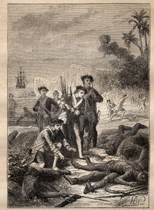 दक्षिण समुद्र (1769-1770) में जीन फ्रेंकोइस डी सर्विल (1717-1770) द्वारा अभियान: सुरविल के नाविक युद्ध के दौरान मारे गए स्वदेशी लोगों के हथियार इकट्ठा करते हैं (न्यू आयरलैंड, पापुआ न्यू गिनी) - से लिया गया चित्रण " द ग्रेट मेरिनर्स द्वारा अज्ञात कलाकार