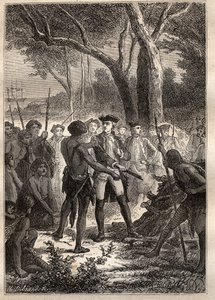 निकोलस थॉमस मैरियन-डुफ्रेसने (मैरियन डुफ्रेसने) (1729-1772) द्वारा अभियान: मैरियन फ्रेडरिक हेनरी बे (तस्मानिया) में उतरा और स्वदेशी लोगों द्वारा प्रज्वलित एक ब्रैंडन की पेशकश की गई - "18 वीं शताब्दी के महान नाविक" से लिया गया चित्रण। द्वारा अज्ञात कलाकार