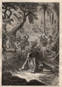 निकोलस थॉमस मैरियन-डुफ्रेसने (मैरियन डुफ्रेसने) (1729-1772) द्वारा अभियान: एकमात्र जीवित नाविक हत्यारे खाड़ी (मटुआरो द्वीप, न्यूजीलैंड) के मूल निवासियों द्वारा मैरियन सहित अपने सभी साथियों के नरसंहार का गवाह है - चित्रण "से लिया गया" जी द्वारा अज्ञात कलाकार