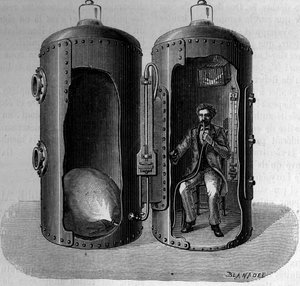 शरीर विज्ञानी पॉल बर्ट (1833-1886) द्वारा बैरोमीटर के दबाव पर अनुभव: एक सुरोक्सीजेनिक हवा की सांस, दबाव कम होने से फैलती है। 22 दिसंबर 1 के "" ला नेचर: रिव्यू डेस साइंसेज एट डे लेर्स एप्लिकेशन ऑक्स आर्ट्स एट ए एल 'इंडस्ट्री" में उत्कीर्ण द्वारा अज्ञात कलाकार
