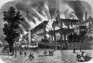 23 मार्च 1871 को पेरिस में कम्यून के दौरान कोर्ट ऑफ ऑडिटर्स और लीजन डी'होनूर की आग। 19वीं सदी की नक्काशी। द्वारा अज्ञात कलाकार
