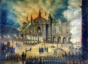 1881 में वियना ओपेरा वीनर रिंगथिएटर की आग। 19वीं सदी की ड्राइंग द्वारा अज्ञात कलाकार