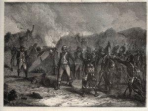 पहला गठबंधन: 12 अप्रैल 1796 को मोंटेनोट की लड़ाई में कर्नल एंटोनी गुइल्यूम (एंटोनी-गिलौम) रैम्पोन (1759-1842), ऑस्ट्रियाई और सार्डिनियन सेनाओं के खिलाफ नेपोलियन बोनापार्ट के फ्रांसीसी सैनिकों का विरोध करने वाले इतालवी अभियान के दौरान - फ्रेंच द्वारा अज्ञात कलाकार