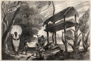कैप्टन जेम्स कुक (1728-1779) की पहली यात्रा (1768-1771): एक फिया-टोका (फिया टोका), ताहिती की दफन इमारत - "18 वीं शताब्दी के महान नाविक" से लिया गया चित्रण। द्वारा अज्ञात कलाकार