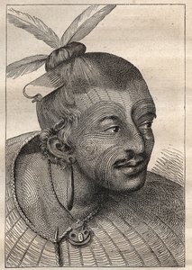 कैप्टन जेम्स कुक (1728-1779) की पहली यात्रा (1768-1771): एक नियो-ज़ेलैंडिस (नियो ज़ेलैंडैस) का टैटू वाला सिर - "18 वीं शताब्दी के महान नाविक" से लिया गया चित्रण। द्वारा अज्ञात कलाकार